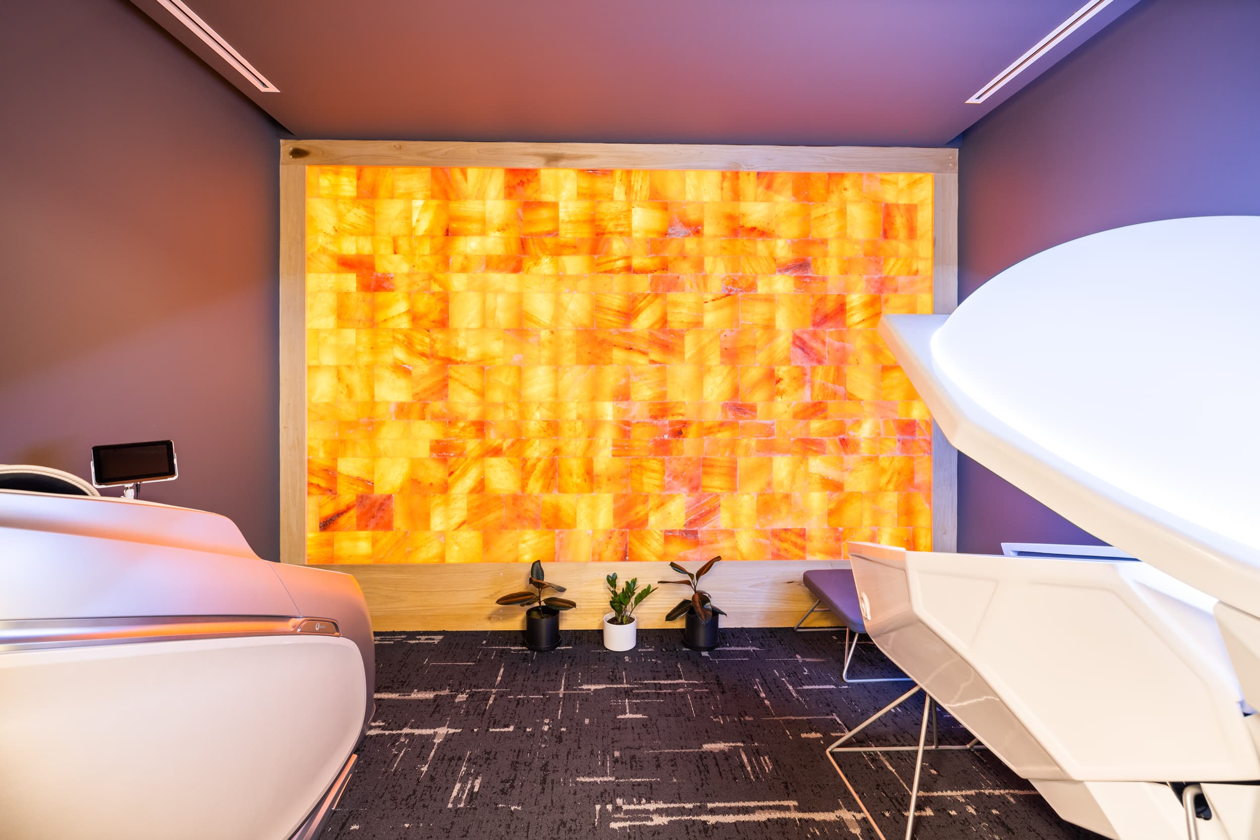 Relaxation room with Somadome meditation pod and massage chair at Jilani Place, Etobicoke