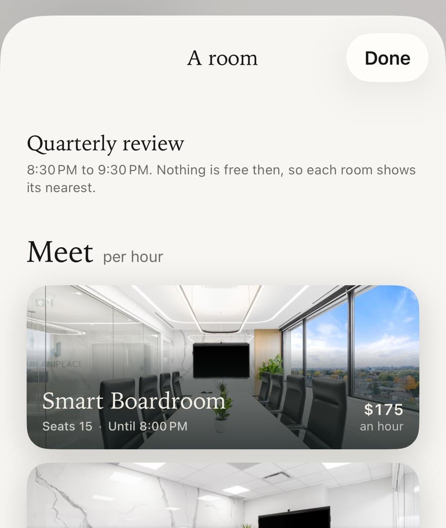 The Floor app's room list opened for a meeting called Quarterly review, showing which rooms are free for that meeting's own hour