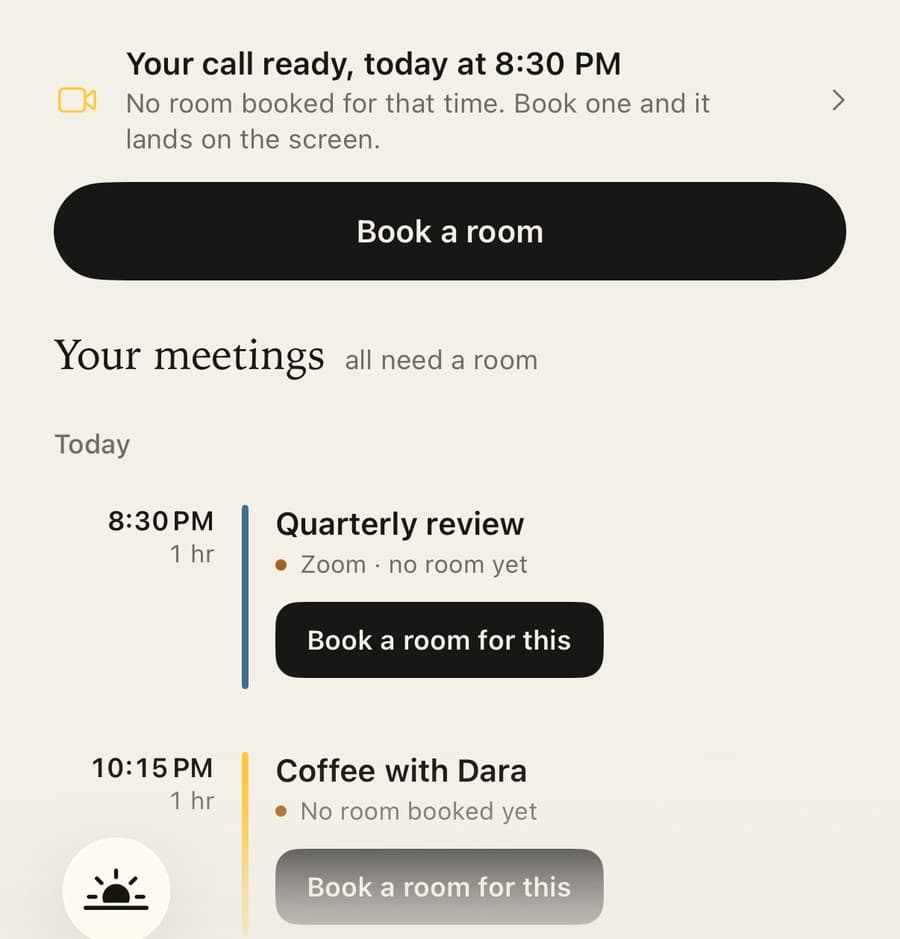 The Floor app on iPhone listing two meetings read from a calendar, each marked as having no room booked yet, with a button to book one