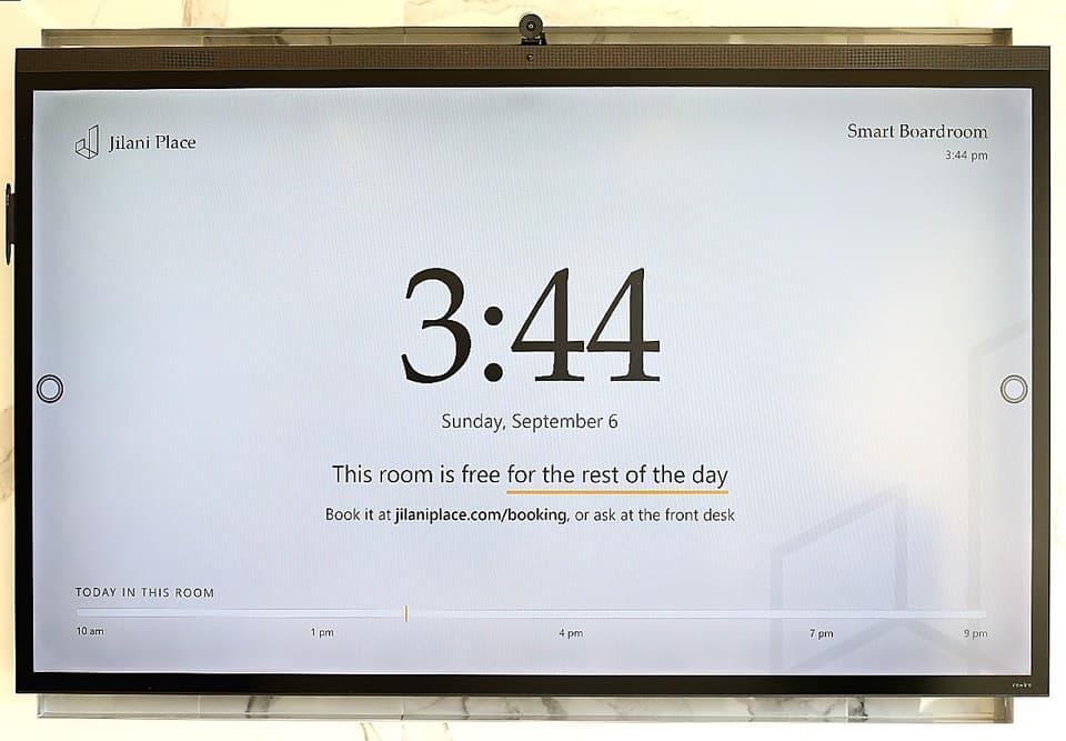 The Smart Boardroom screen showing the room is free for the rest of the day