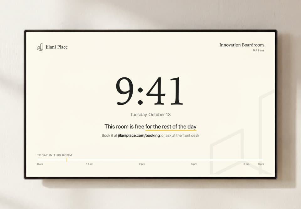 The Smart Boardroom screen showing the room is free for the rest of the day