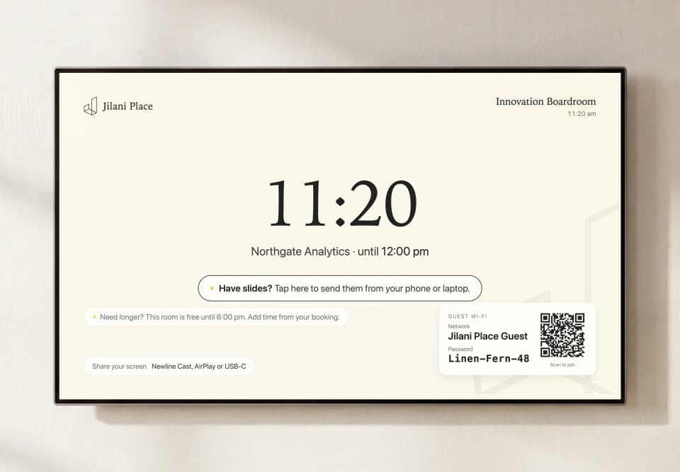 The Innovation Boardroom screen showing the time and who the room is booked to
