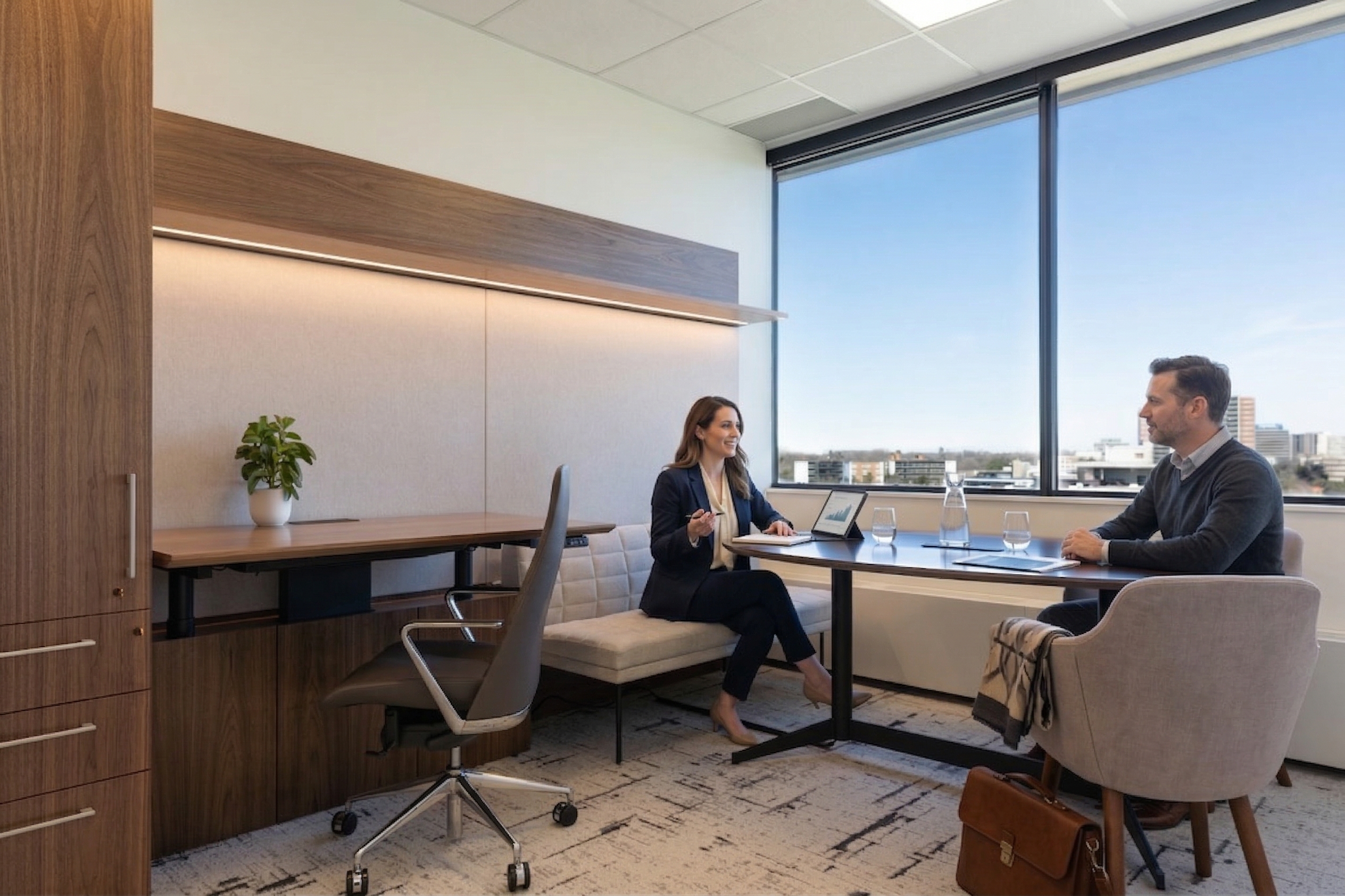 Professionals meeting with a client in a bright office environment