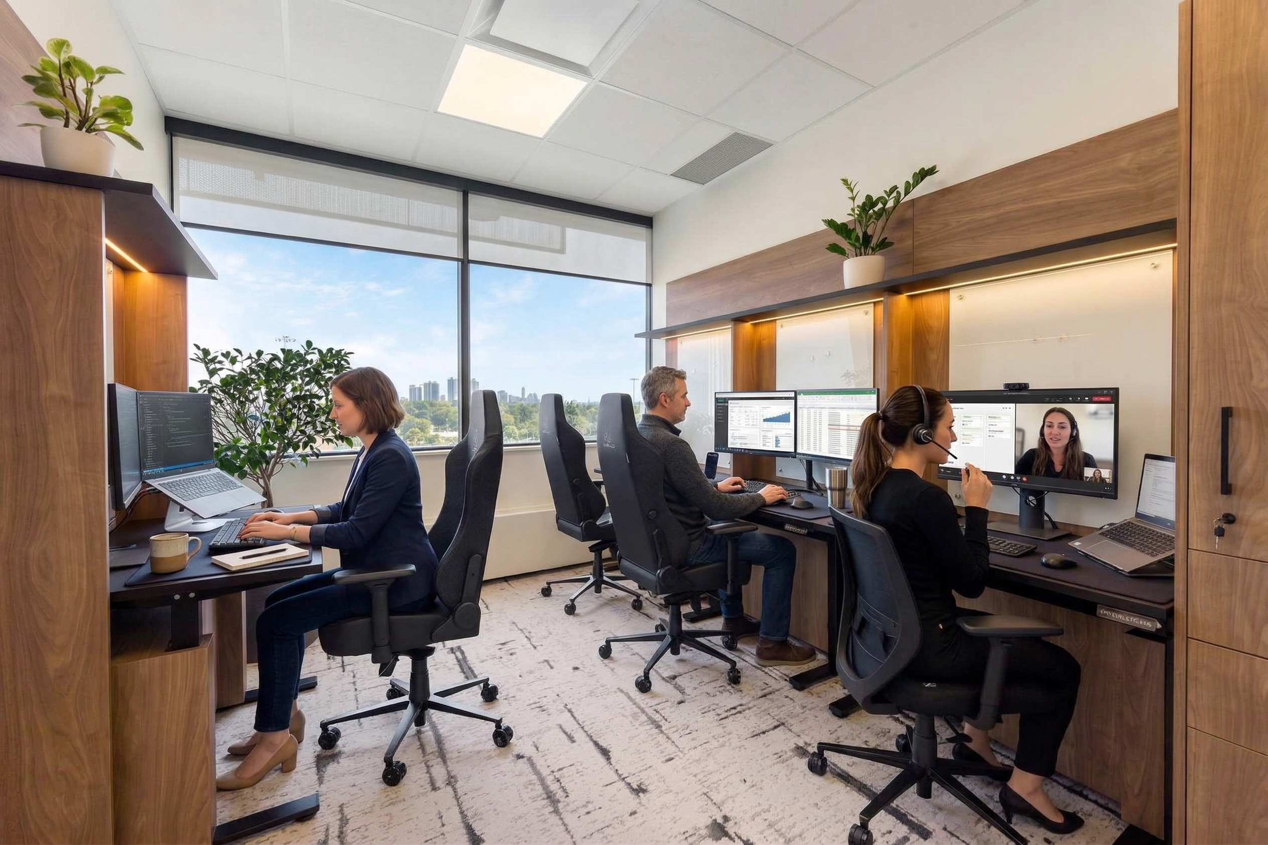Small team working together in a professional coworking environment